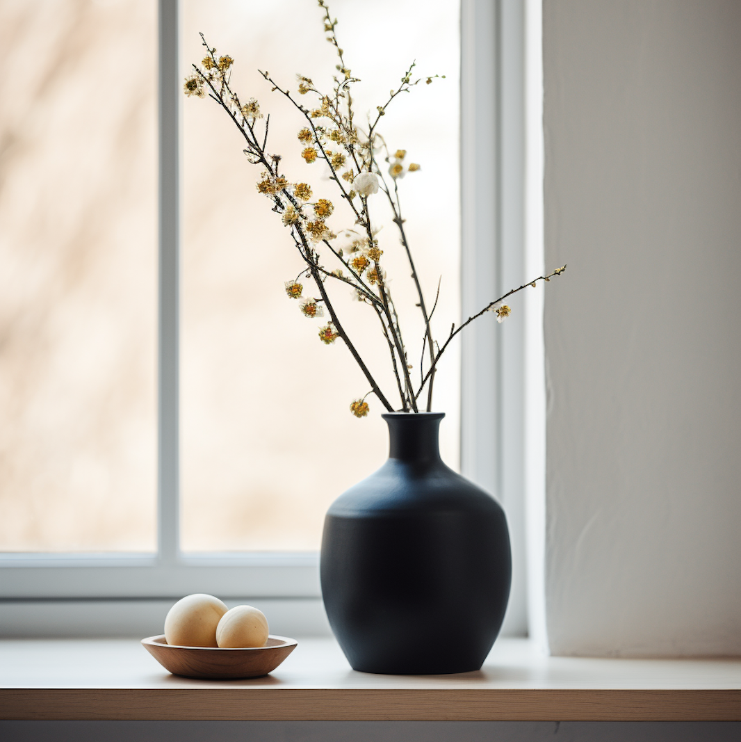 Detail-Foto-Fensterbank-Eiche-innen-Maßanfertigung-Fensterbrett Vase mimt Blumen auf einer Eiche Fensterbank nach Maß.